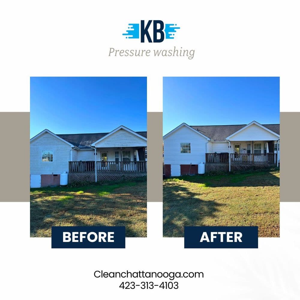 Before and after pressure washing of a house, showcasing significant cleanliness improvement.