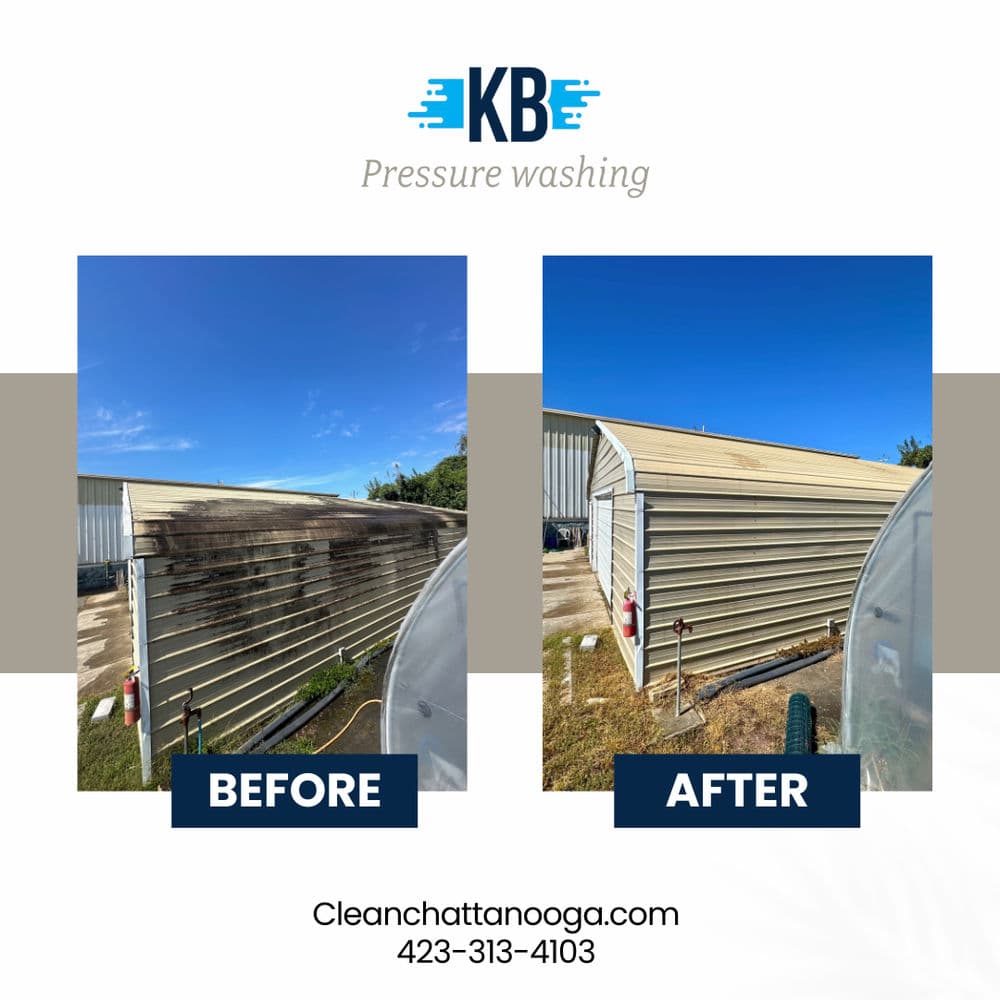 Before and after pressure washing of a metal shed, showcasing significant cleanliness improvement.