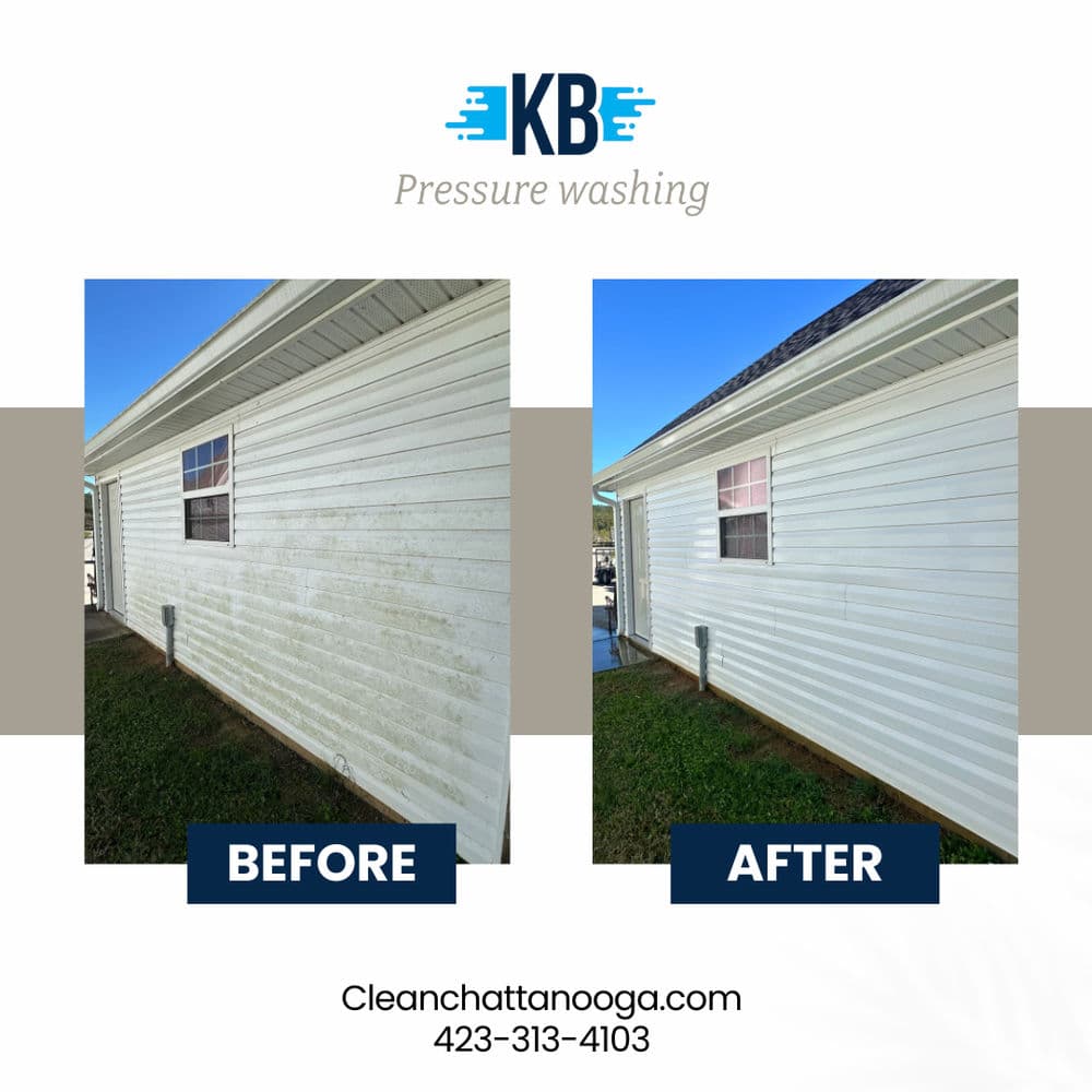 Side-by-side before and after images of a house showing the impact of pressure washing.