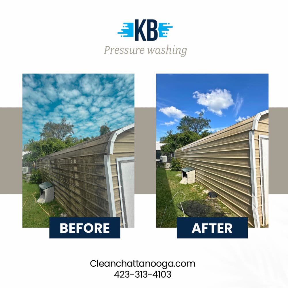 Before and after pressure washing of a side wall, showcasing significant cleaning transformation.