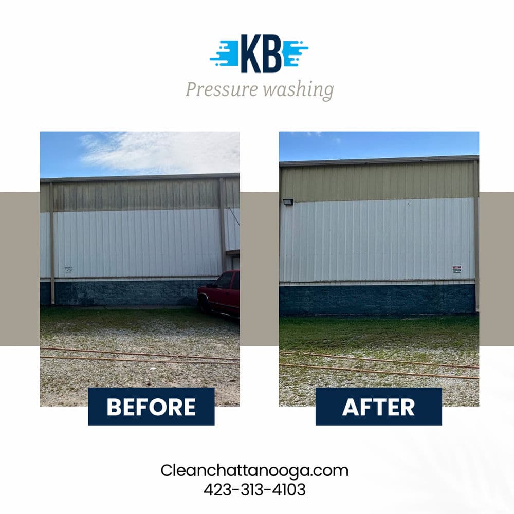 Before and after pressure washing results on a commercial building exterior.