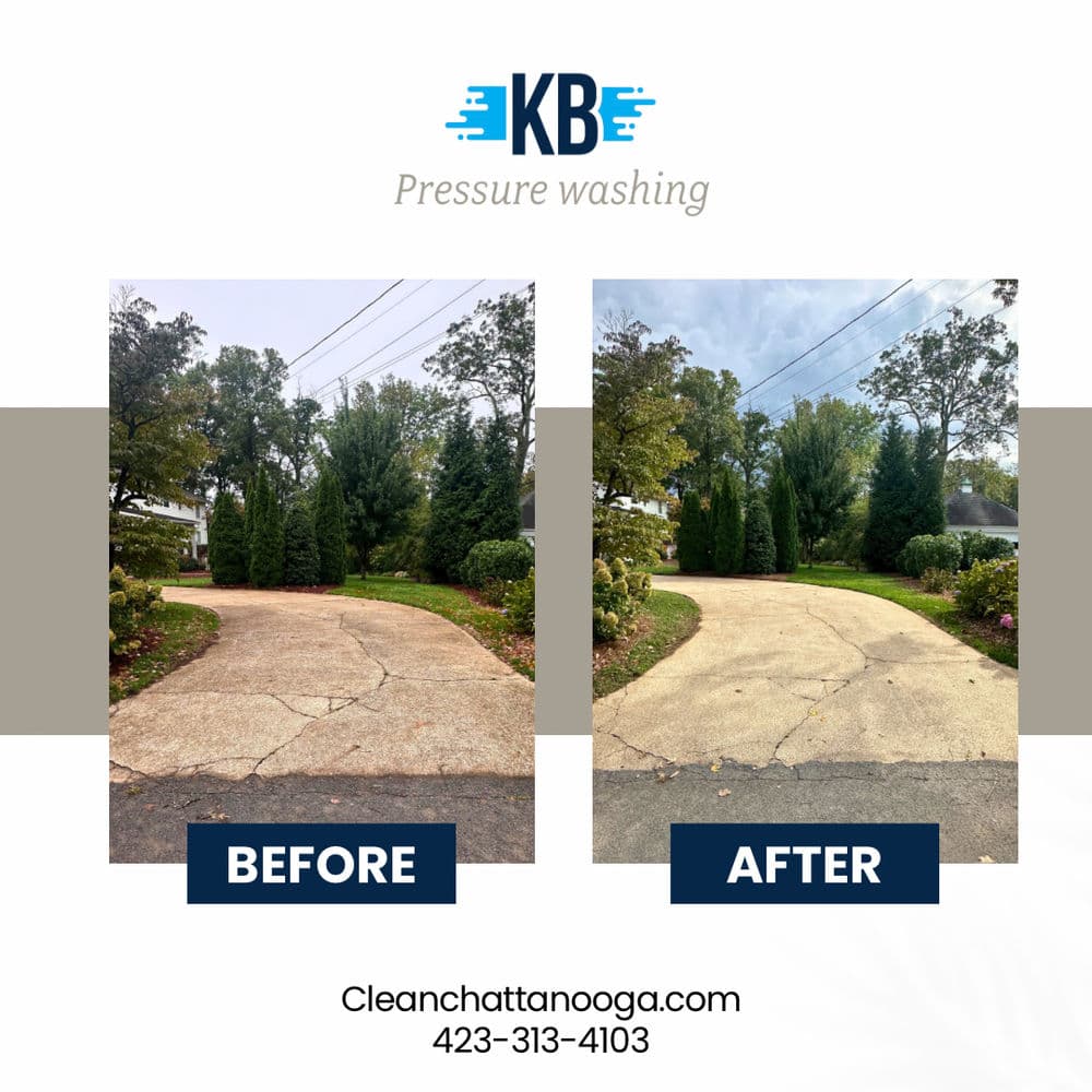 Before and after comparison of a driveway pressure washing service by KB.